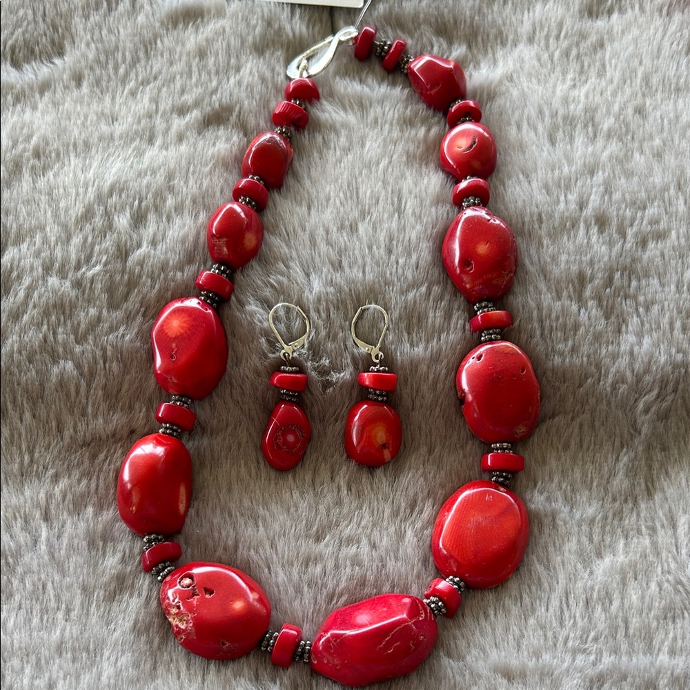 Tibetan Red Coral Pewter Necklace Earrings Set